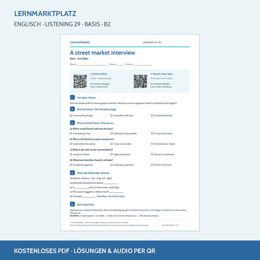 Englisch: A street market interview – Basis Arbeitsblatt mit Audio & QR-Code (B2)