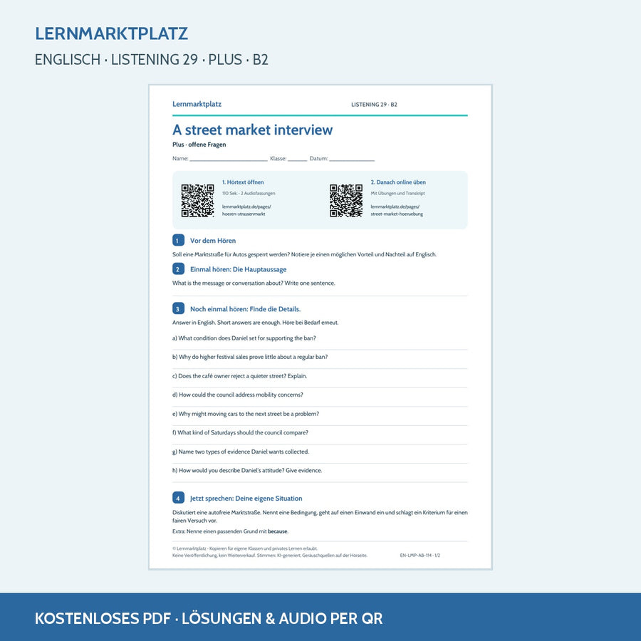 Englisch: A street market interview – Plus Arbeitsblatt mit Audio & QR-Code (B2)