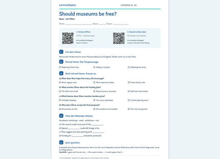 Englisch: Should museums be free? – Basis Arbeitsblatt mit Audio & QR-Code (B2)