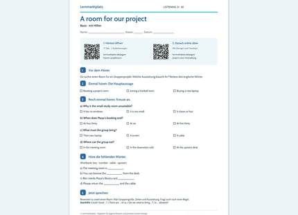Englisch: A room for our project – Basis Arbeitsblatt mit Audio & QR-Code (B1)