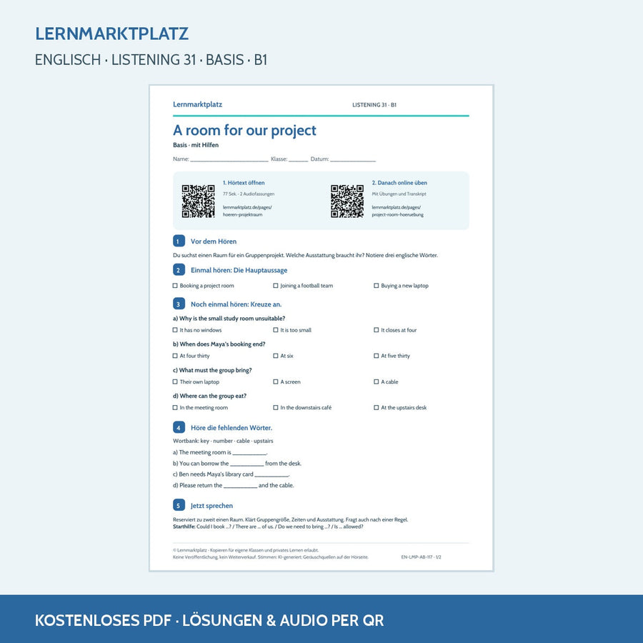 Englisch: A room for our project – Basis Arbeitsblatt mit Audio & QR-Code (B1)