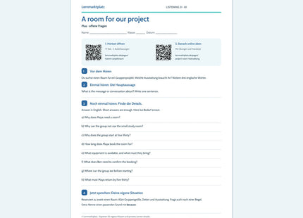 Englisch: A room for our project – Plus Arbeitsblatt mit Audio & QR-Code (B1)