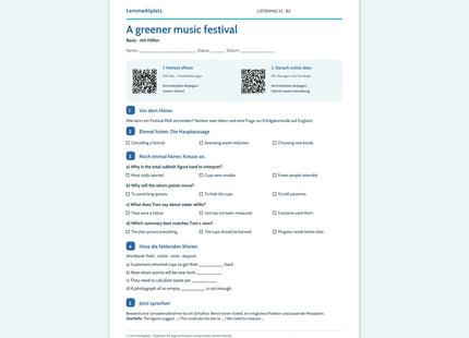 Englisch: A greener music festival – Basis Arbeitsblatt mit Audio & QR-Code (B2)