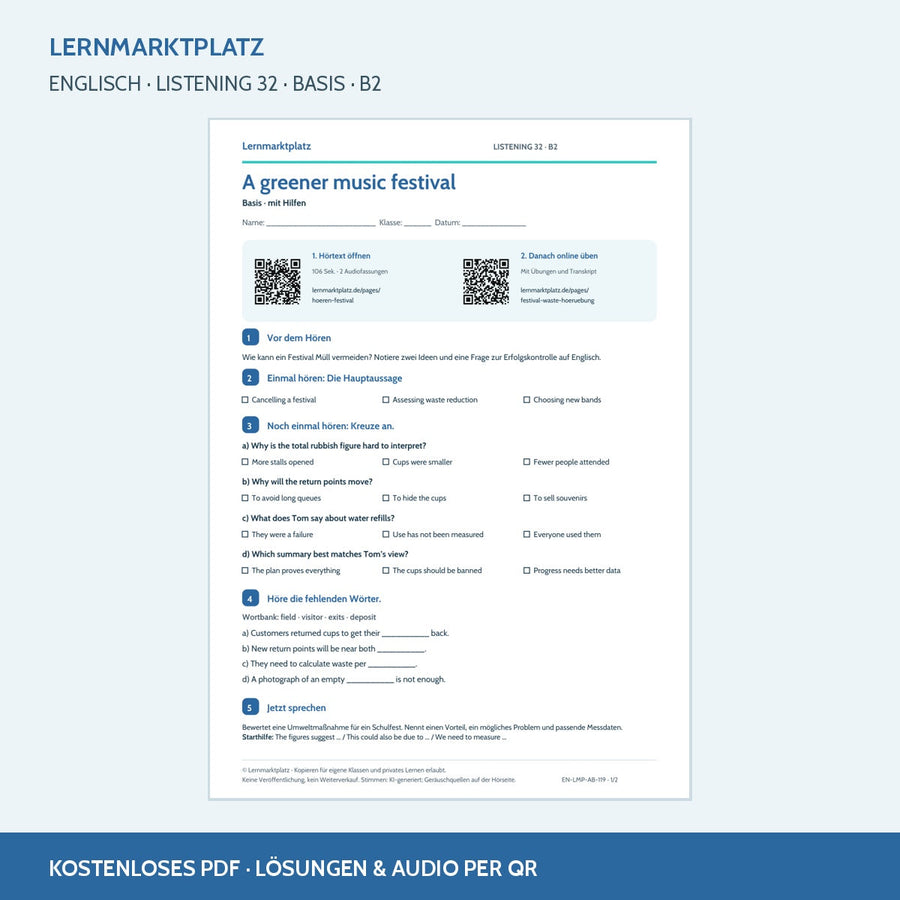 Englisch: A greener music festival – Basis Arbeitsblatt mit Audio & QR-Code (B2)