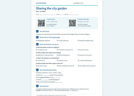Englisch: Sharing the city garden – Basis Arbeitsblatt mit Audio & QR-Code (B2)
