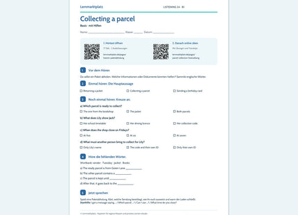 Englisch: Collecting a parcel – Basis Arbeitsblatt mit Audio & QR-Code (B1)