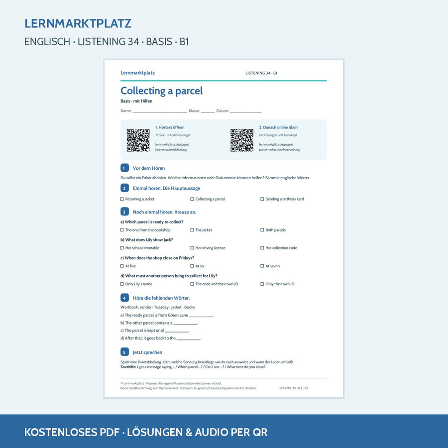 Englisch: Collecting a parcel – Basis Arbeitsblatt mit Audio & QR-Code (B1)
