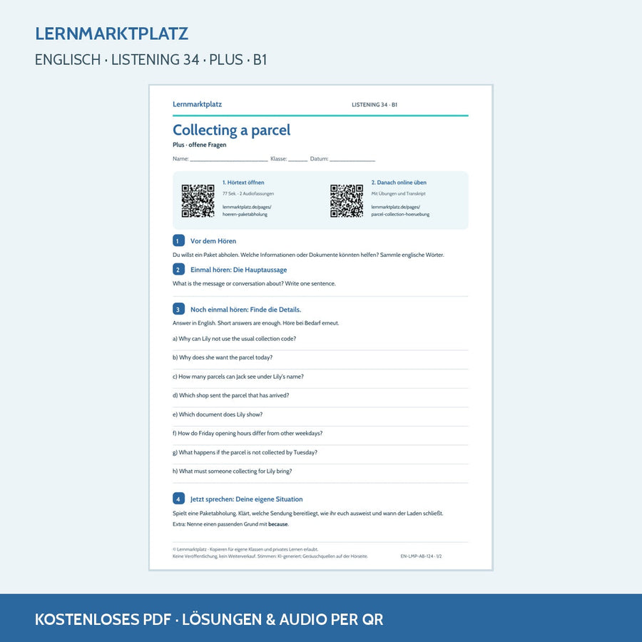 Englisch: Collecting a parcel – Plus Arbeitsblatt mit Audio & QR-Code (B1)