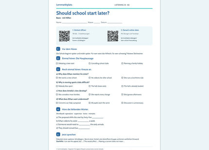 Englisch: Should school start later? – Basis Arbeitsblatt mit Audio & QR-Code (B2)