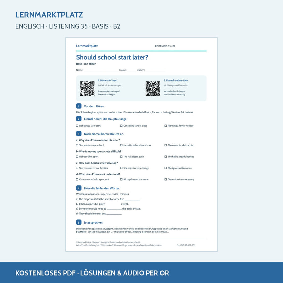 Englisch: Should school start later? – Basis Arbeitsblatt mit Audio & QR-Code (B2)