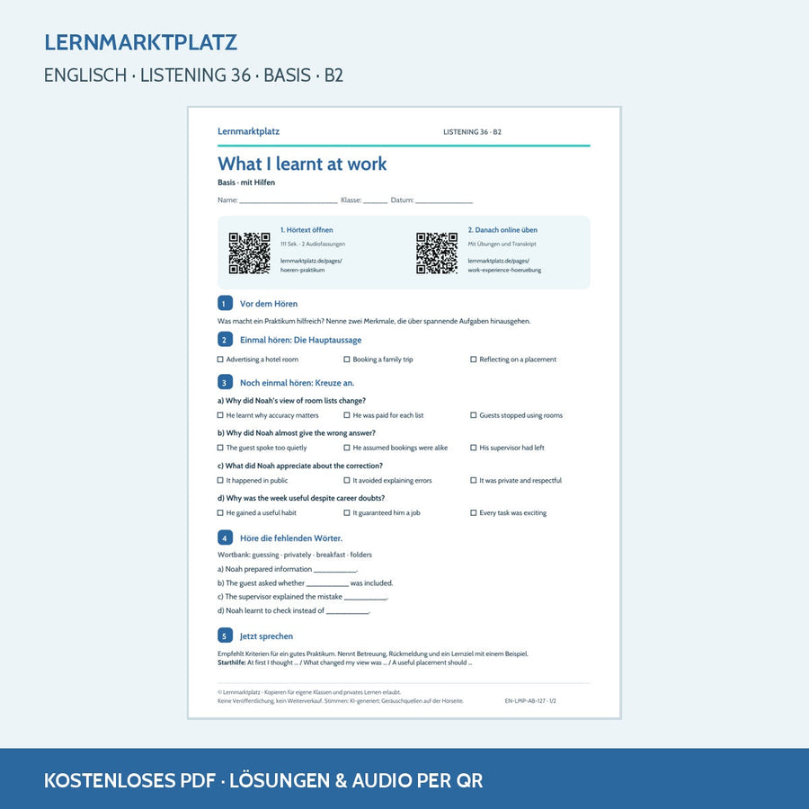 Englisch: What I learnt at work – Basis Arbeitsblatt mit Audio & QR-Code (B2)