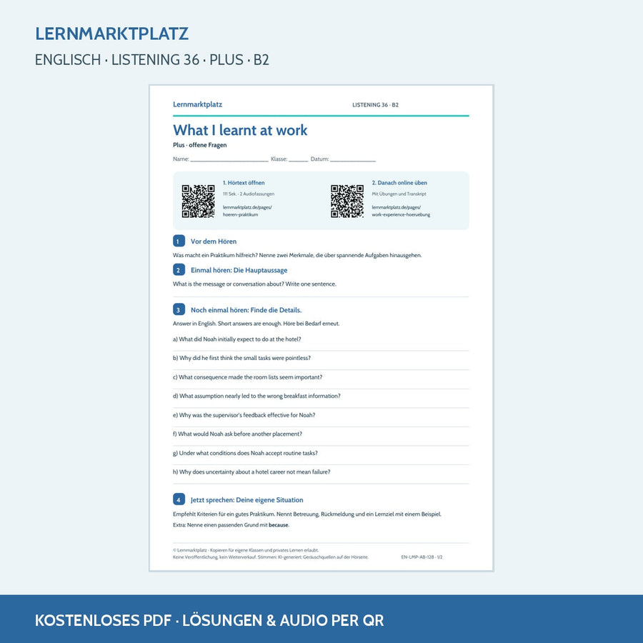 Englisch: What I learnt at work – Plus Arbeitsblatt mit Audio & QR-Code (B2)