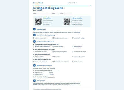 Englisch: Joining a cooking course – Basis Arbeitsblatt mit Audio & QR-Code (B1)