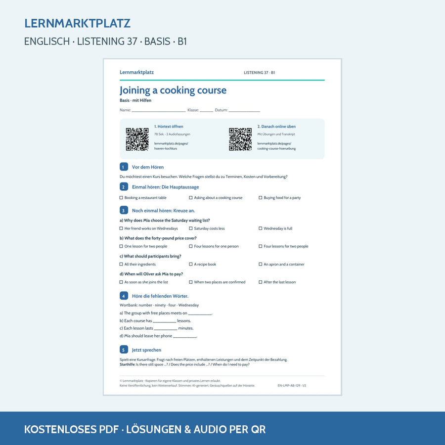 Englisch: Joining a cooking course – Basis Arbeitsblatt mit Audio & QR-Code (B1)