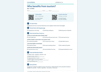 Englisch: Who benefits from tourism? – Basis Arbeitsblatt mit Audio & QR-Code (B2)