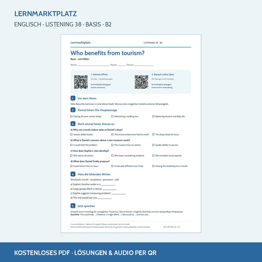 Englisch: Who benefits from tourism? – Basis Arbeitsblatt mit Audio & QR-Code (B2)