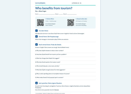 Englisch: Who benefits from tourism? – Plus Arbeitsblatt mit Audio & QR-Code (B2)