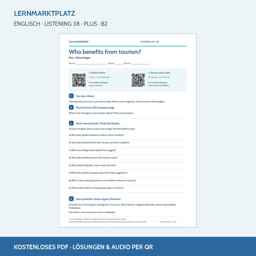 Englisch: Who benefits from tourism? – Plus Arbeitsblatt mit Audio & QR-Code (B2)