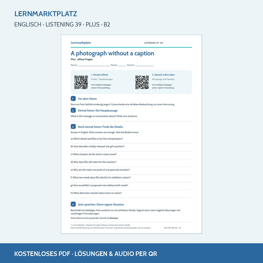 Englisch: A photograph without a caption – Plus Arbeitsblatt mit Audio & QR-Code (B2)