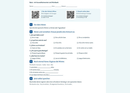 Vorschau Spanisch: Mi día en el instituto – Basis – Hörverstehen A1 mit Lösungen (PDF)