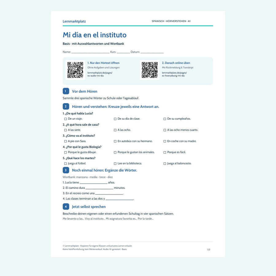 Vorschau Spanisch: Mi día en el instituto – Basis – Hörverstehen A1 mit Lösungen (PDF)