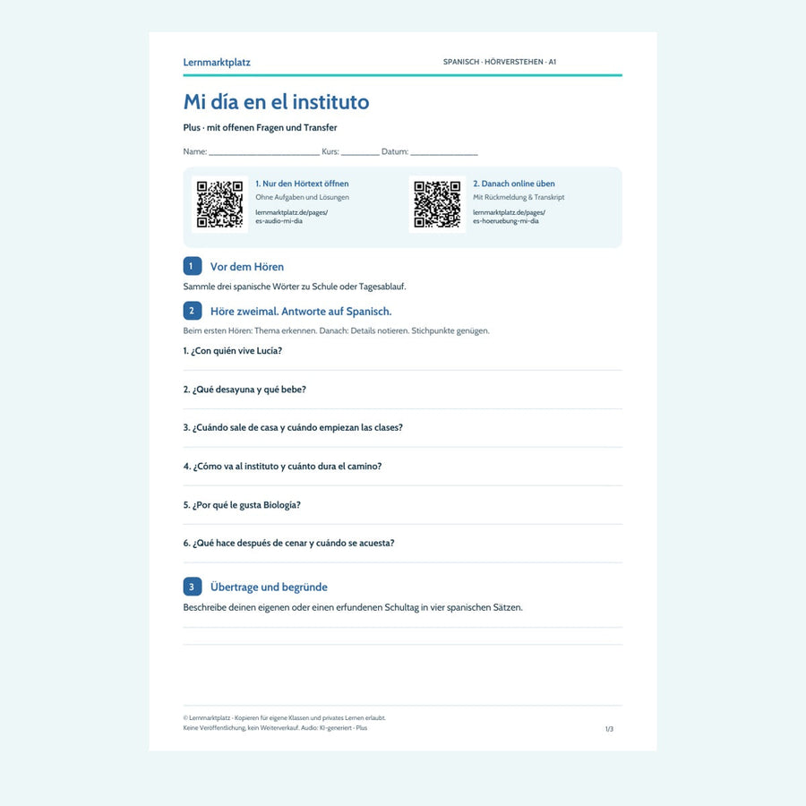Vorschau Spanisch: Mi día en el instituto – Plus – Hörverstehen A1 mit Lösungen (PDF)