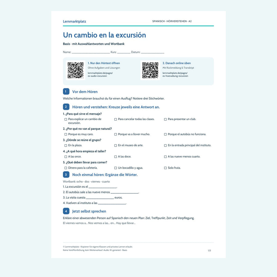 Vorschau Spanisch: Un cambio en la excursión – Basis – Hörverstehen A2 mit Lösungen (PDF)