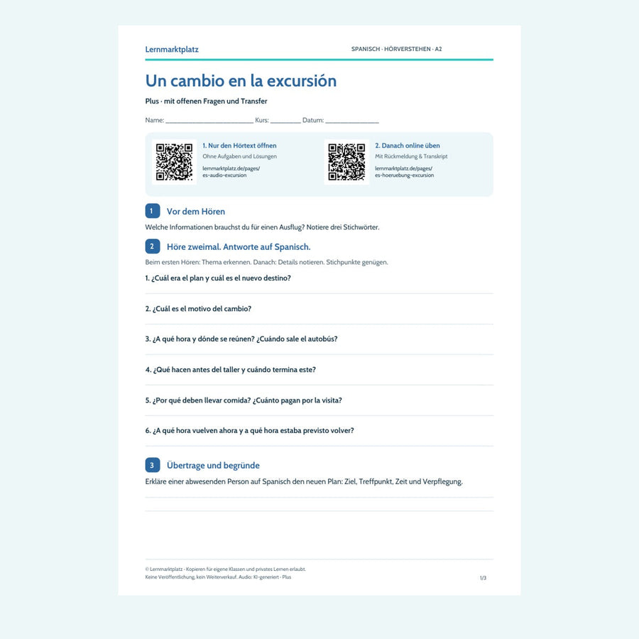 Vorschau Spanisch: Un cambio en la excursión – Plus – Hörverstehen A2 mit Lösungen (PDF)