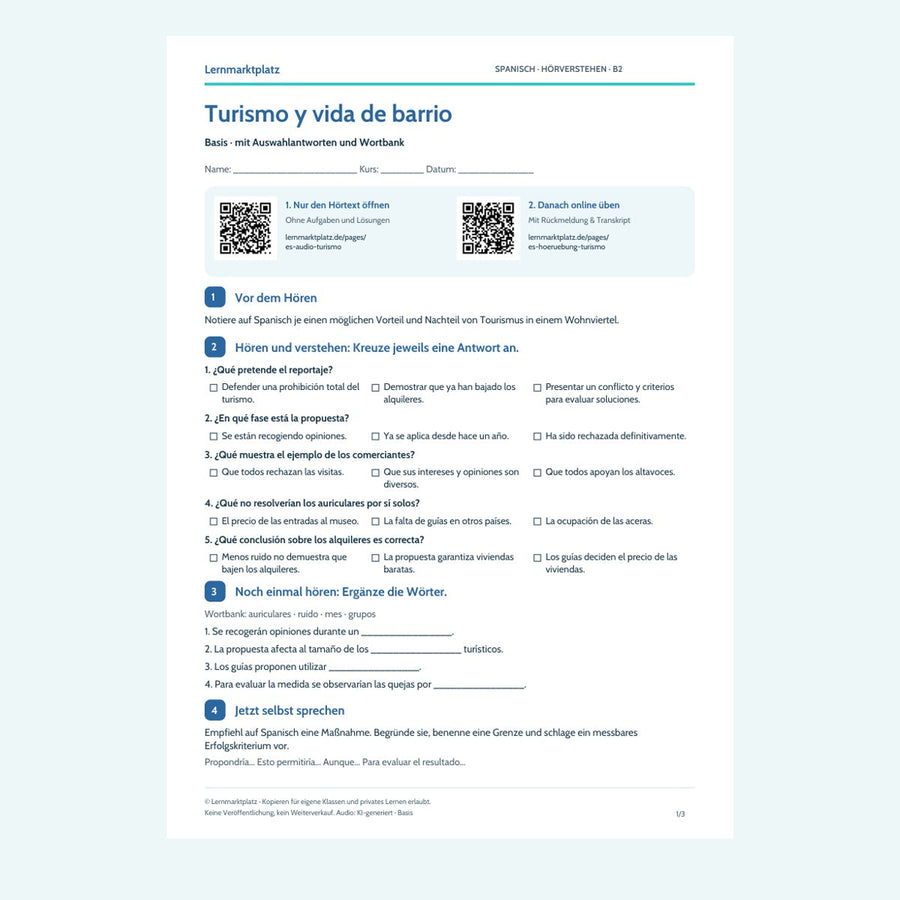 Vorschau Spanisch: Turismo y vida de barrio – Basis – Hörverstehen B2 mit Lösungen (PDF)