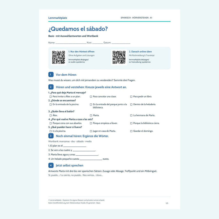 Vorschau Arbeitsblatt ¿Quedamos el sábado?, Basis, A1