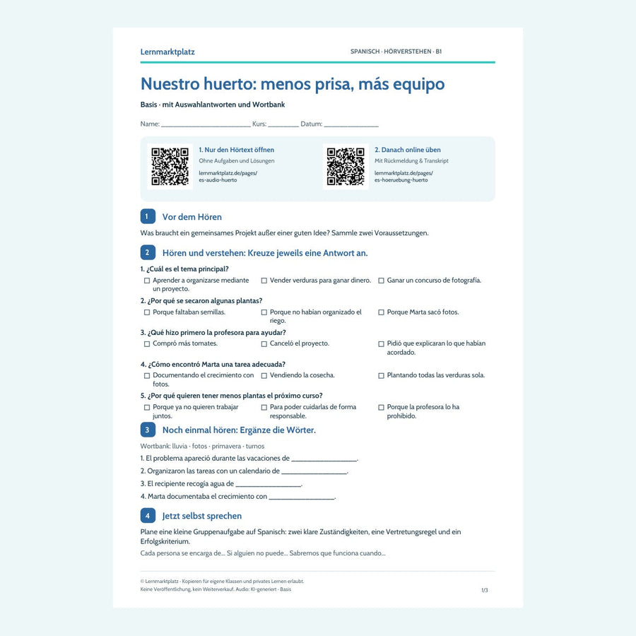 Vorschau Arbeitsblatt Nuestro huerto: menos prisa, más equipo, Basis, B1