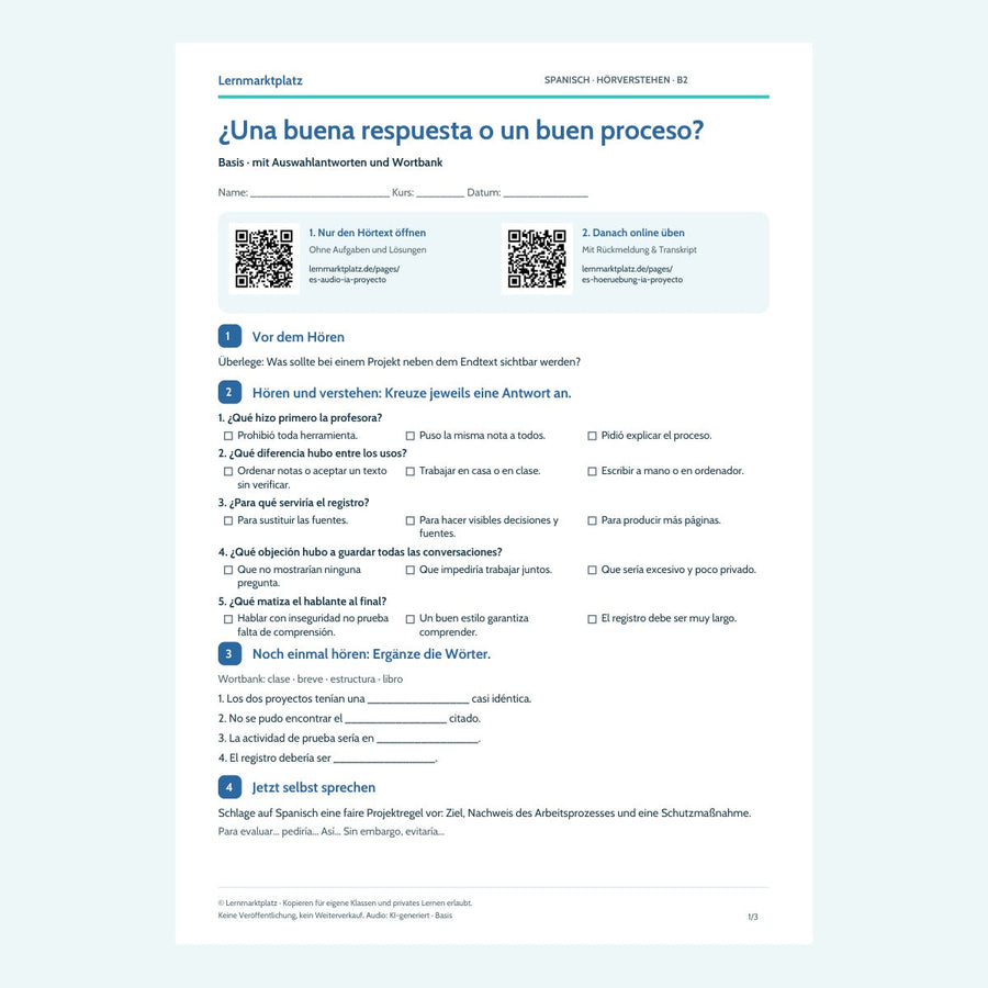 Vorschau Arbeitsblatt ¿Una buena respuesta o un buen proceso?, Basis, B2