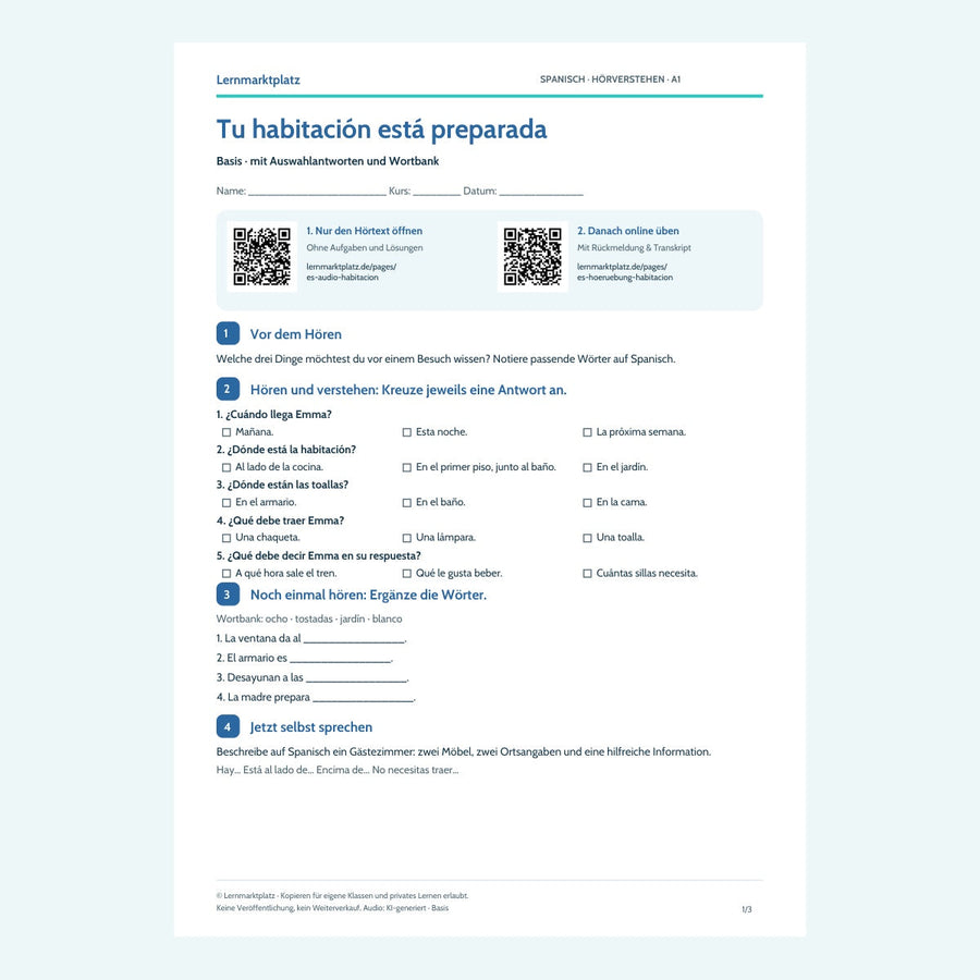 Vorschau Arbeitsblatt Tu habitación está preparada, Basis, A1
