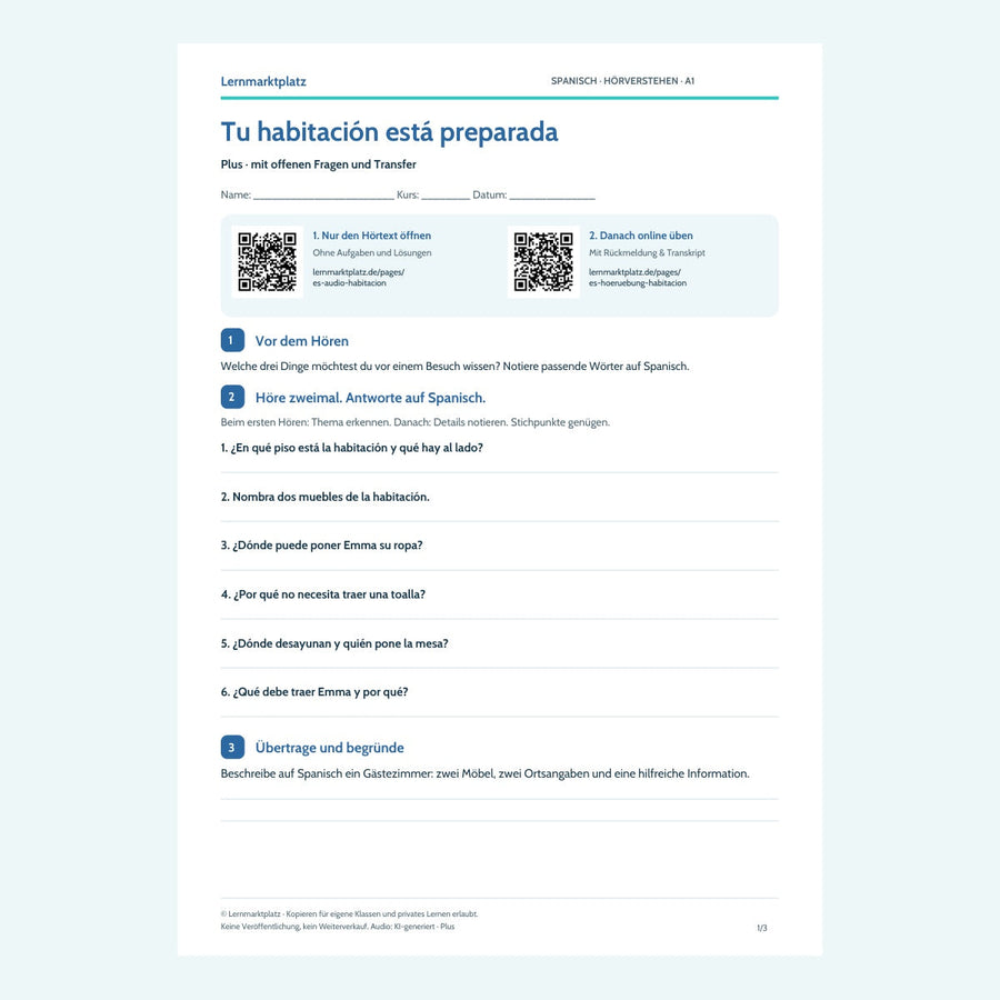 Vorschau Arbeitsblatt Tu habitación está preparada, Plus, A1