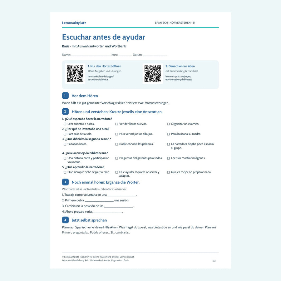 Vorschau Arbeitsblatt Escuchar antes de ayudar, Basis, B1