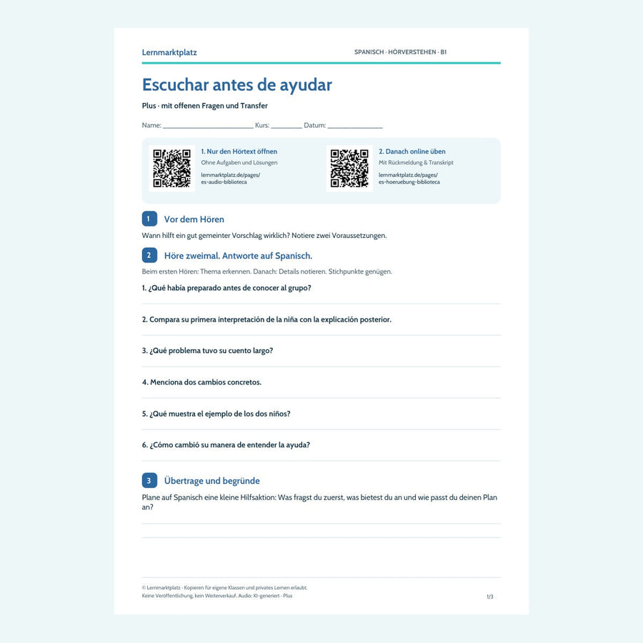 Vorschau Arbeitsblatt Escuchar antes de ayudar, Plus, B1