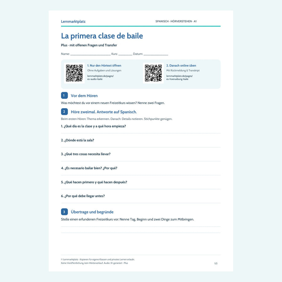 Vorschau Arbeitsblatt La primera clase de baile, Plus, A1