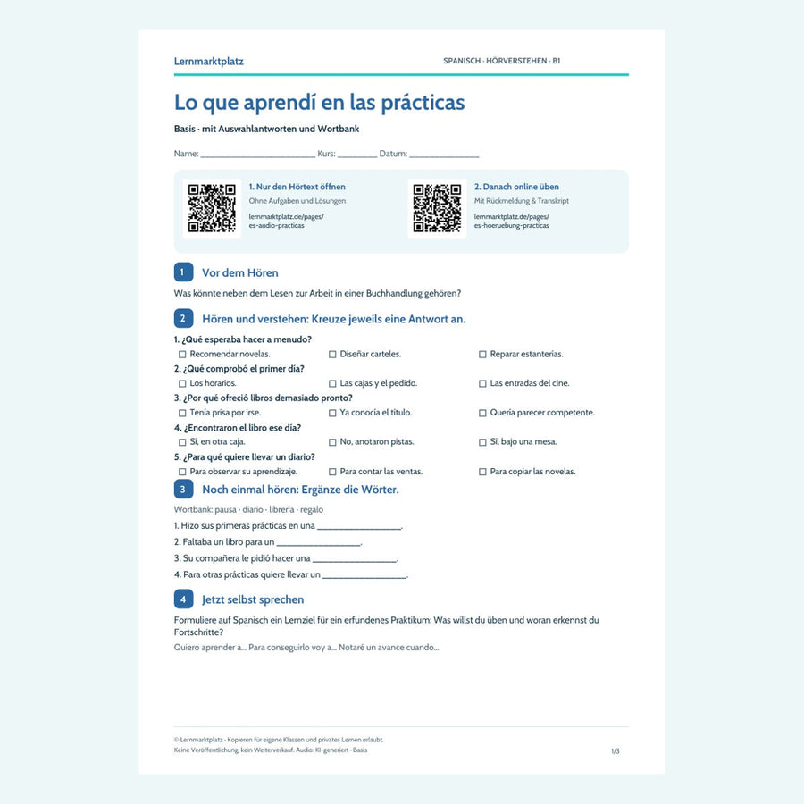 Vorschau Arbeitsblatt Lo que aprendí en las prácticas, Basis, B1