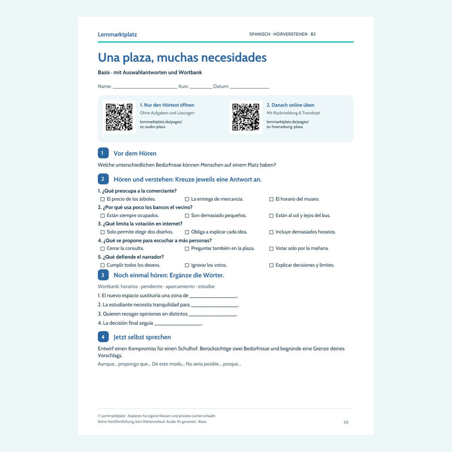 Vorschau Arbeitsblatt Una plaza, muchas necesidades, Basis, B2