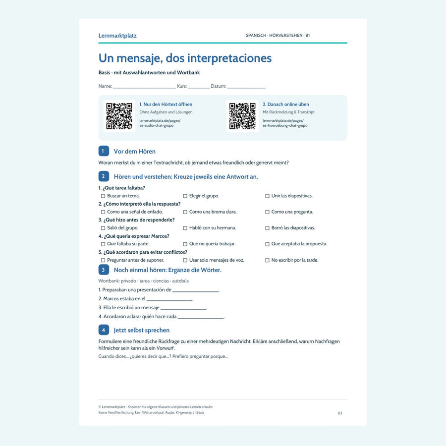 Vorschau Arbeitsblatt Un mensaje, dos interpretaciones, Basis, B1