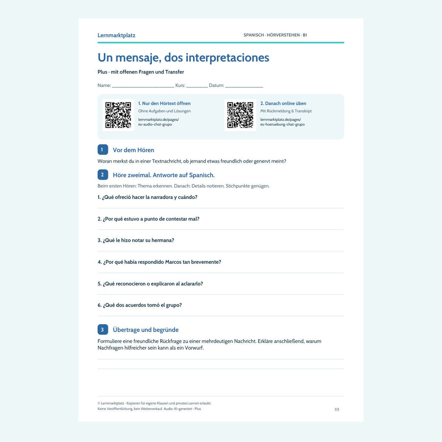 Vorschau Arbeitsblatt Un mensaje, dos interpretaciones, Plus, B1