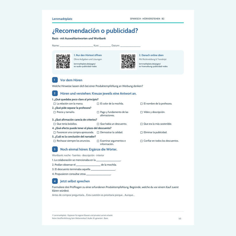 Vorschau Arbeitsblatt ¿Recomendación o publicidad?, Basis, B2