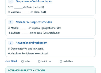 Spanisch-Lernkarte ser und estar: sechs Aufgaben, Lösungen und Selbsteinschätzung