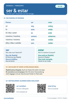 Spanisch Lernkarte: ser und estar – Formen, Verwendung und Selbstcheck (PDF)