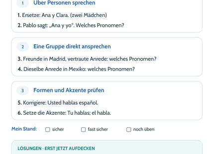 Spanisch-Lernkarte Personalpronomen: sechs Aufgaben, Lösungen und Selbsteinschätzung