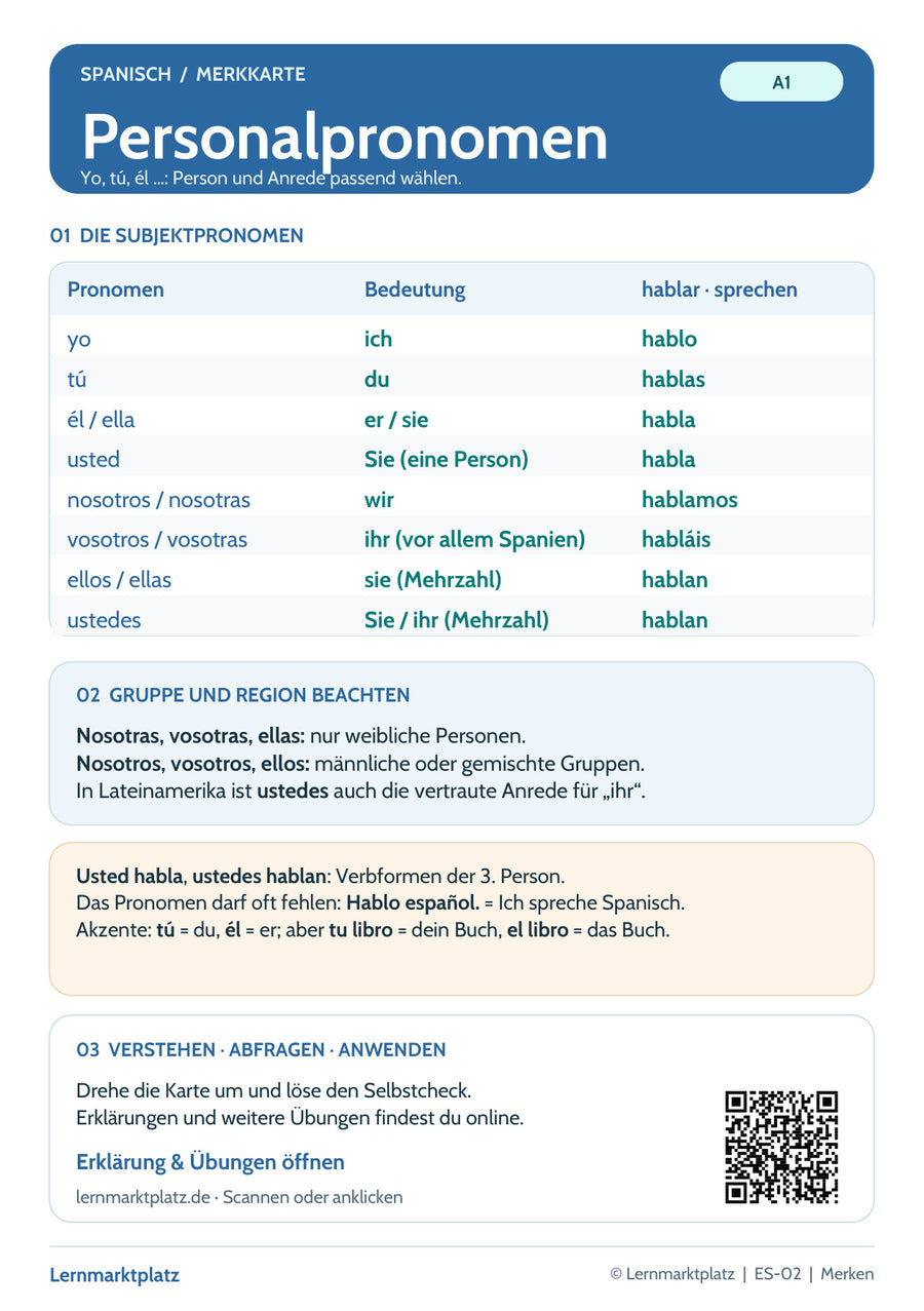 Spanisch-Lernkarte Personalpronomen: Merkübersicht, Beispiele und QR-Code