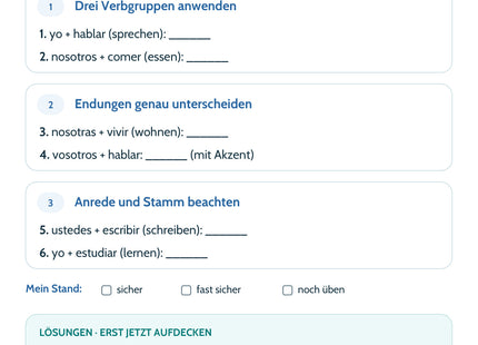 Spanisch-Lernkarte Verben im Präsens: sechs Aufgaben, Lösungen und Selbsteinschätzung