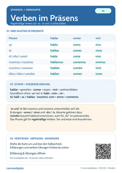 Spanisch Lernkarte: Regelmäßige Verben im Präsens – -ar, -er, -ir (PDF)