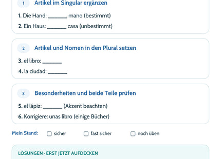 Spanisch-Lernkarte Artikel und Plural: sechs Aufgaben, Lösungen und Selbsteinschätzung