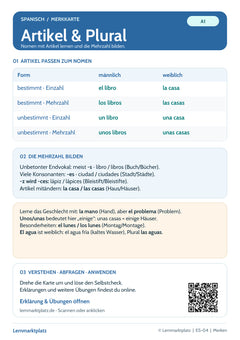 Spanisch Lernkarte: Artikel, Nomen und Plural – Regeln und Selbstcheck (PDF)